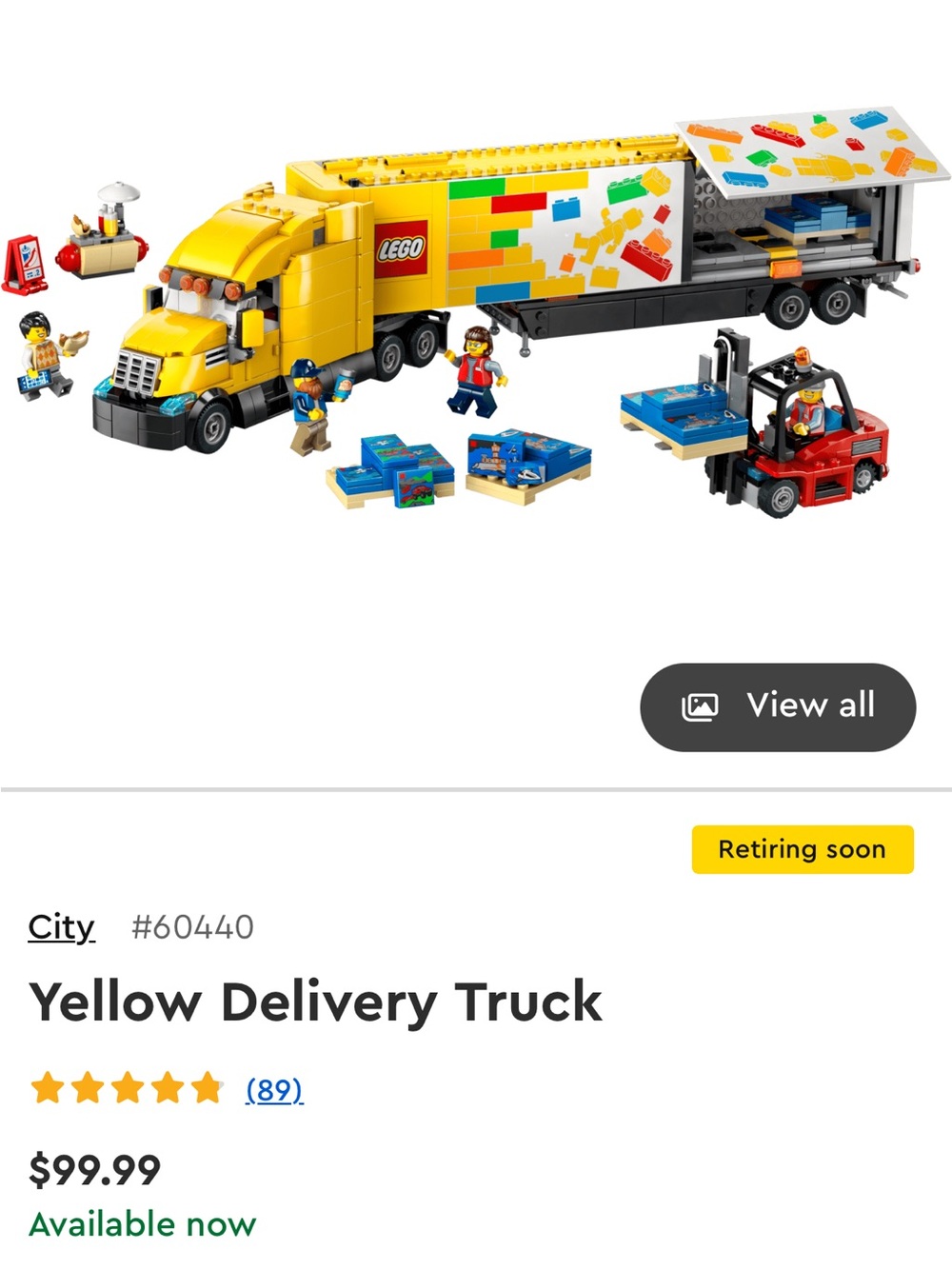Lego Yellow Delivery Truck with Forklift and Minifigures